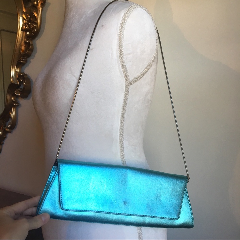 Metallic turquoise purse with silver chain